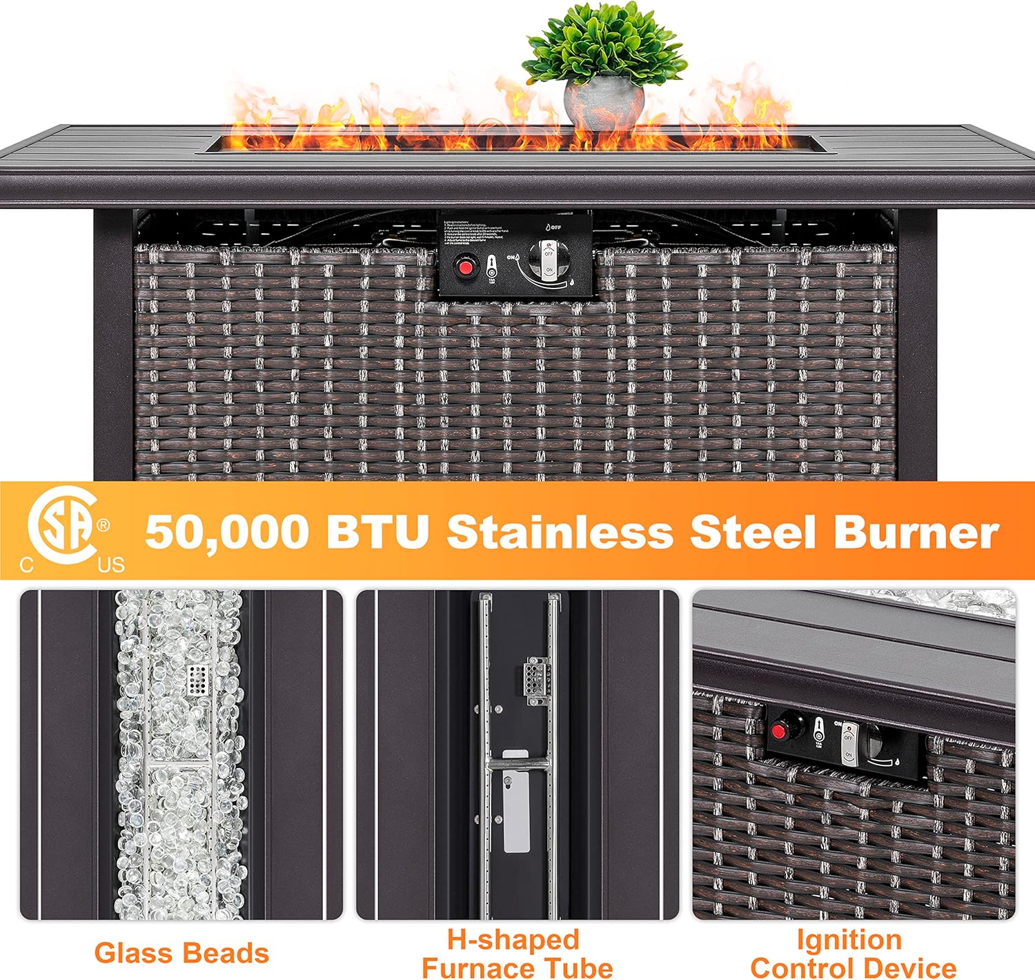 Nuu Garden Outdoor 43 Inch 50,000 BTU Propane Fire Pit Table, CSA Certified Patio Propane Fire Pit with Wind Guard, Lid, Oxford Cover, 7 lbs Glass Stone, Dark Brown