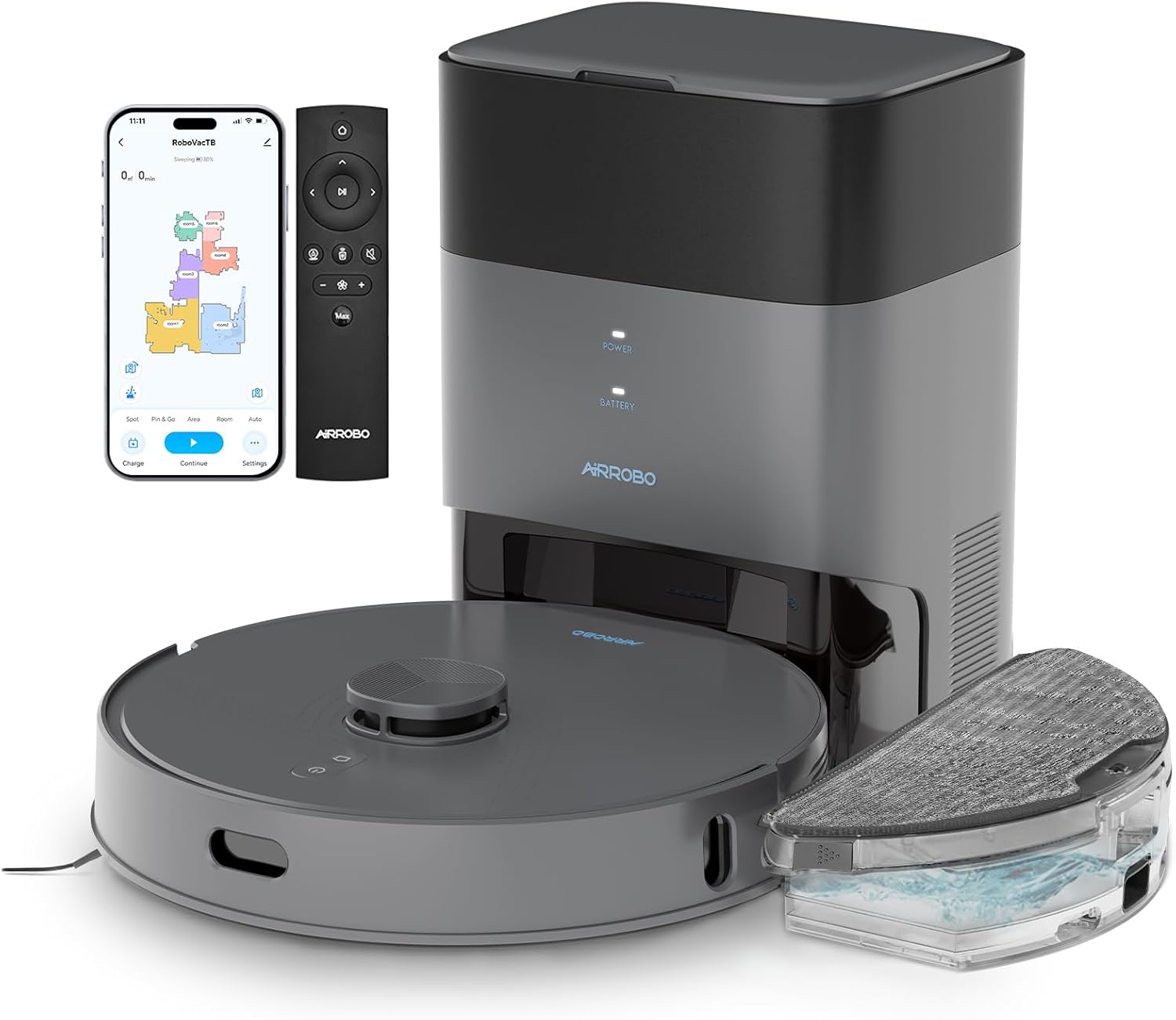 AIRROBO Robot Vacuum and Mop Combo, 75-Day Self-Emptying, 6000PA Suction, Tangle-Free Brush, Carpet Avoidance, LiDAR Navigation,Multi-Floor Mapping, Smart APP Control, Gray