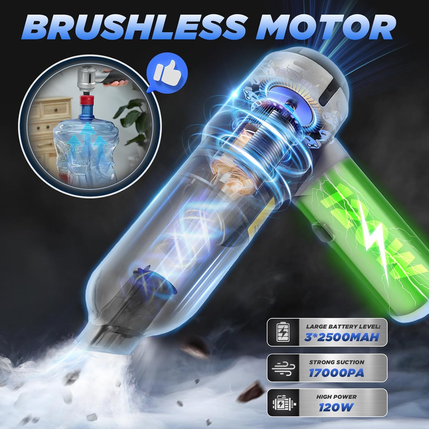 Saker Car Vacuum Portable Cordless17000PA HL132 with 3 HEPA Filter and 1 Steel Filter Set