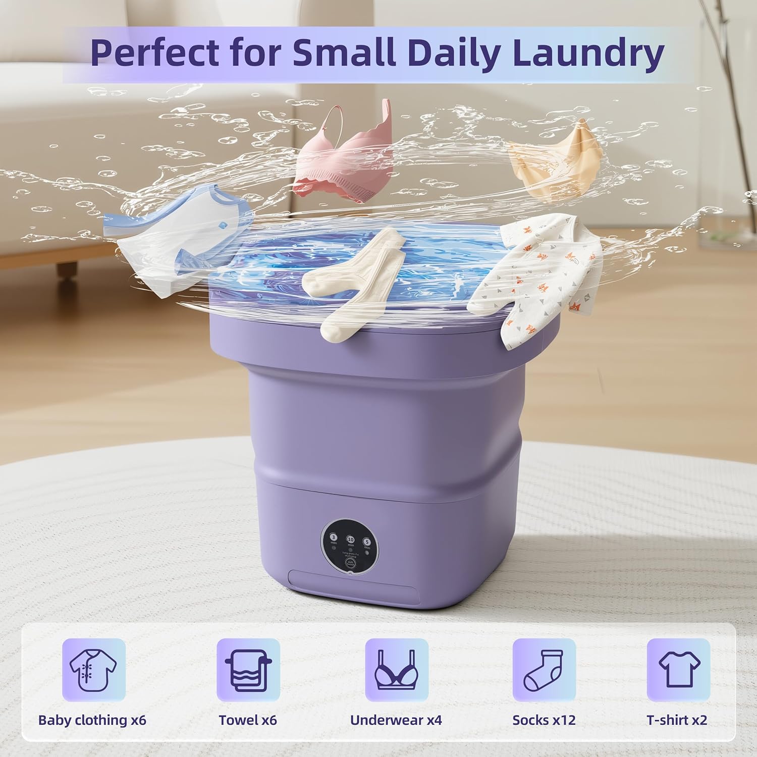 Mini Laundry Machine, 16L Portable Washing Machine with Spin Basket, Portable Laundry Machine Suitable for Baby Clothes, Underwear, Socks, Foldable Design for Camping, Hotels and Apartments(Purple)