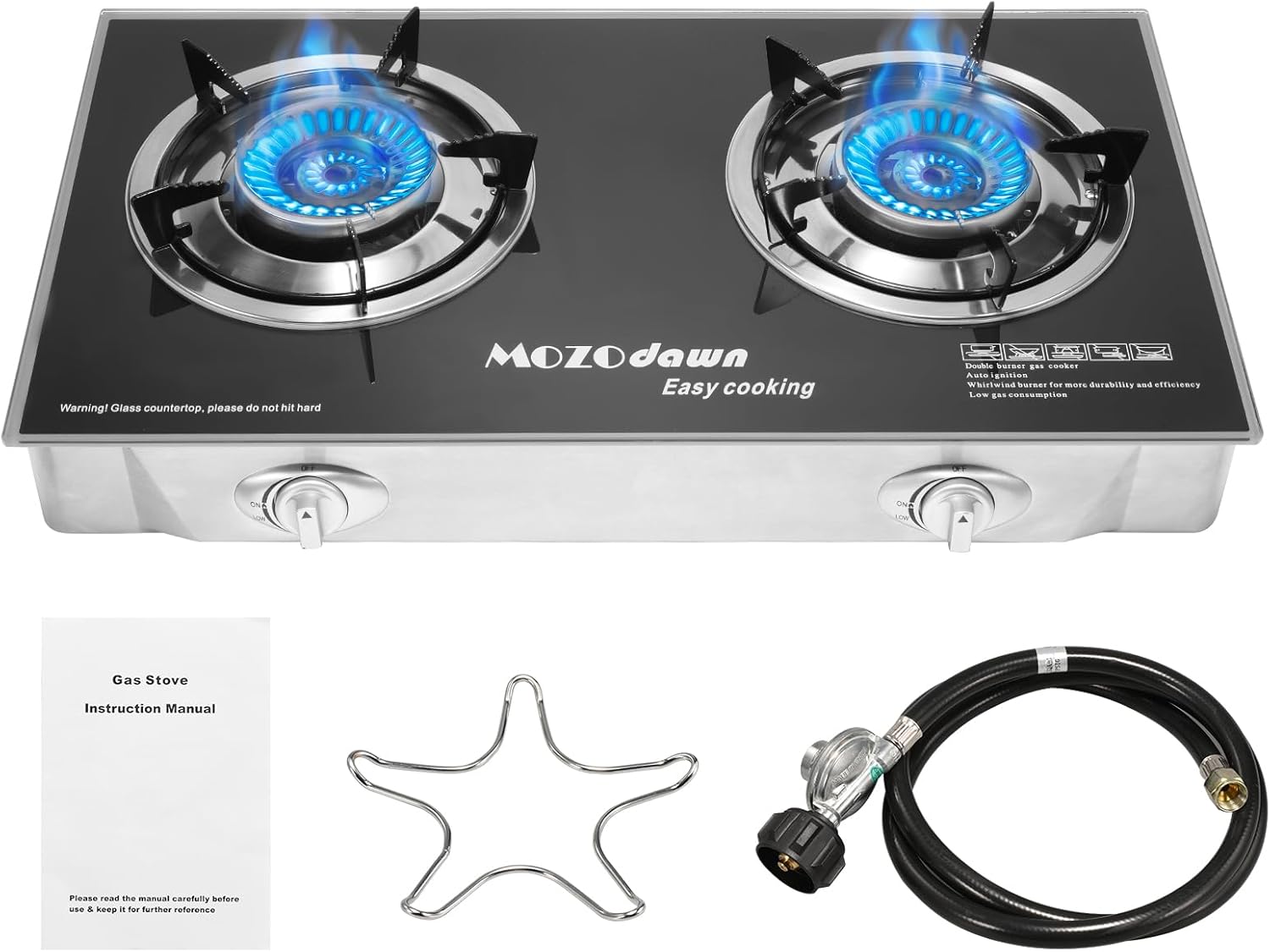 30000 BTU Two Burner Propane Stove Gas Stove, 2 Burner Propane Cooktop Outdoor Camping Stove with Auto Ignition with LPG Adapter Hose