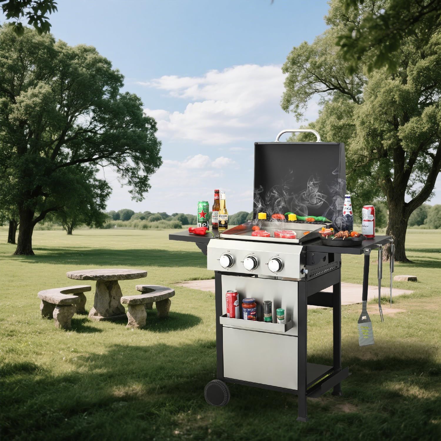 3-Burner Propane Gas BBQ Grill with SS Plancha Stainless Steel, 36900 BTU Output, Enamel Cooking Grids, Foldable Side Table, Warming Rack, Hanging Basket, Oil pan, for Outdoor Barbecue (3 Burner)