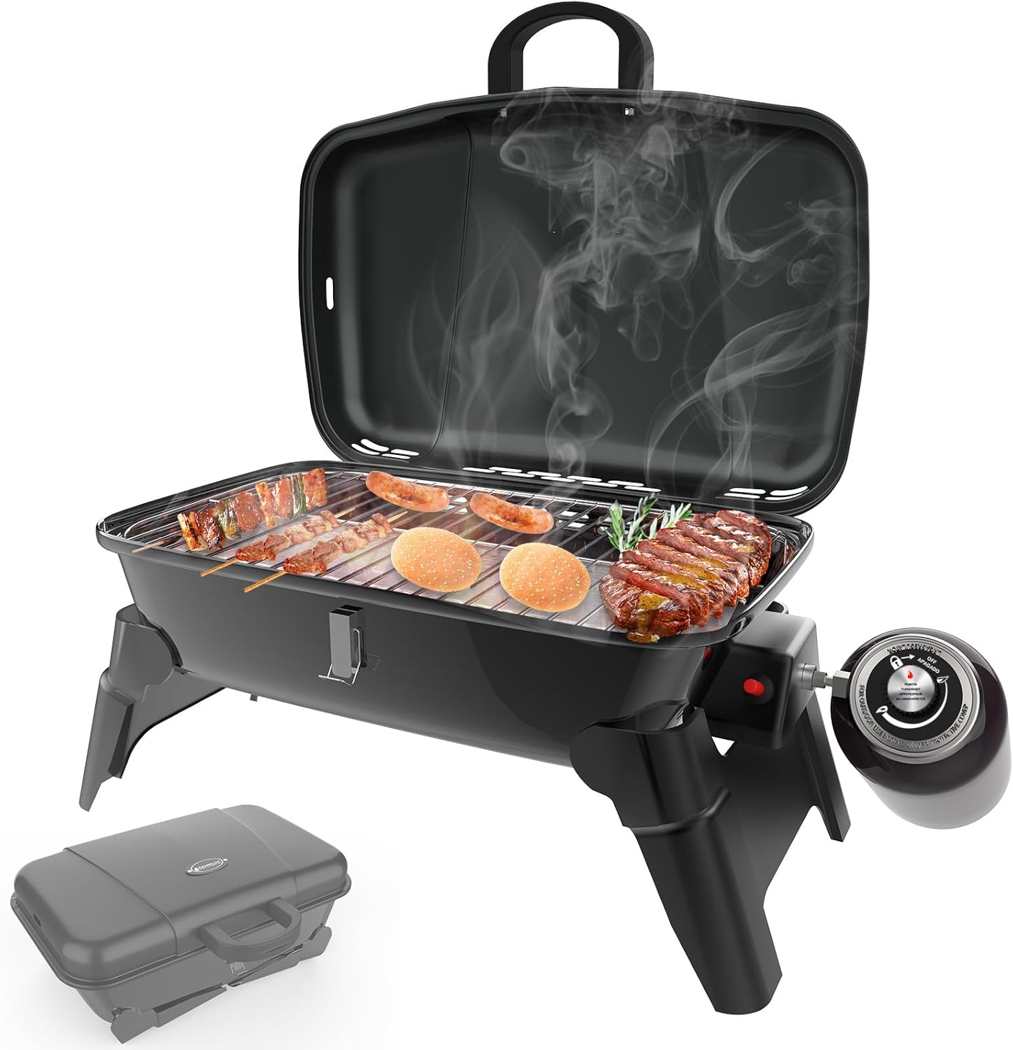 CAMPLUX Small Propane Grill 10,000 BTU, Portable Propane Grills 189 Square Inches, BBQ Tabletop Gas Grill for Camping, Picnic, RV Travel, Outdoor Cooking, Black