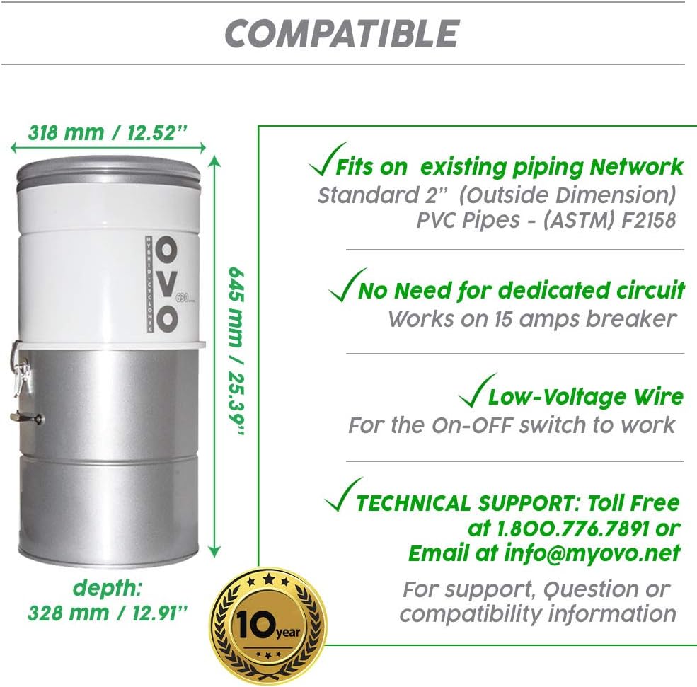 OVO Large and Powerful Central Vacuum System, Hybrid Filtration (with or Without Disposable Bags), 25L or 6.6 Gal, 630 Airwatts with 40 ft Carpet Deluxe Accessory Kit Included
