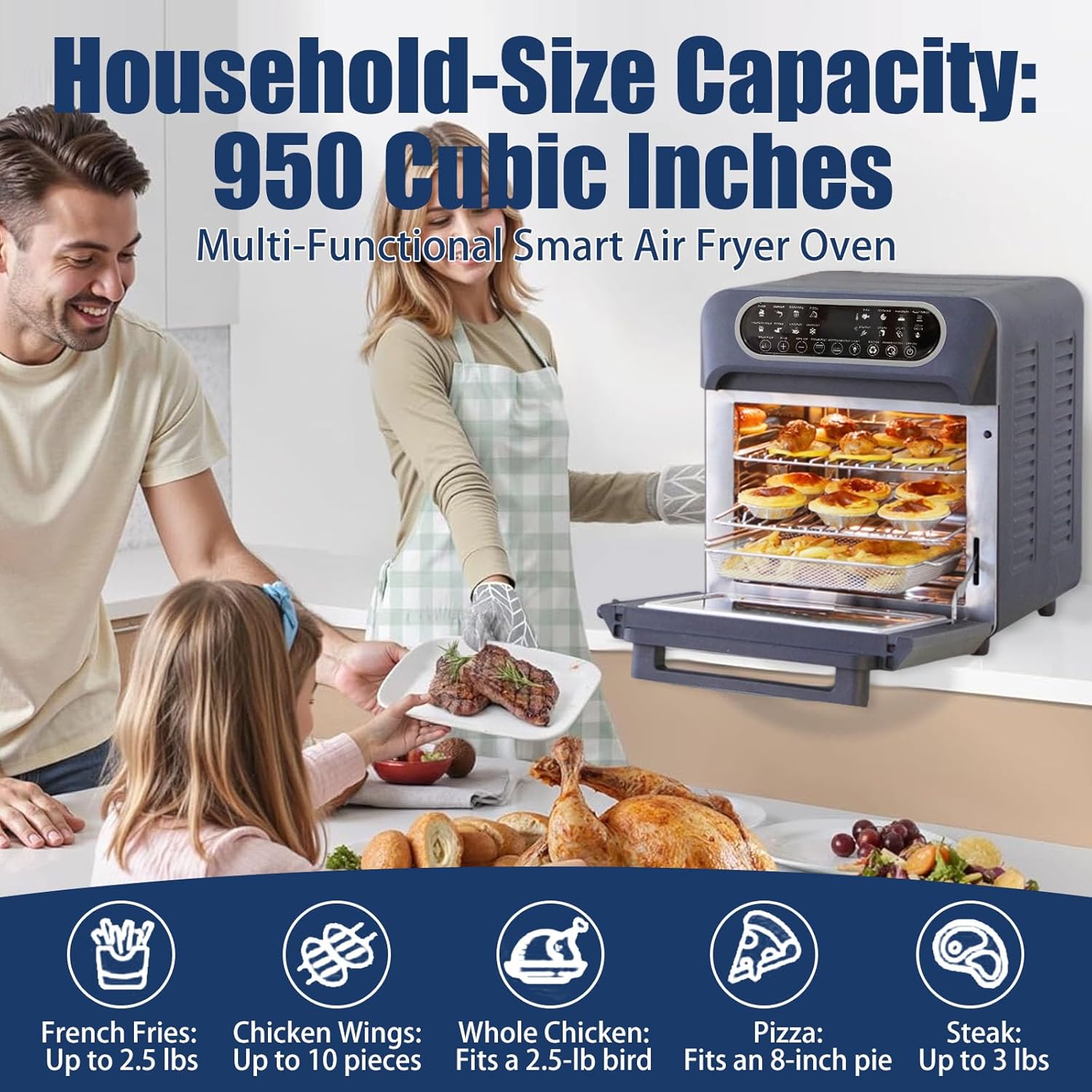 Air Fryer Toaster Oven, Countertop Convection Oven - 1700W Stainless Steel 950 Cubic Inches with Large Capacity, 24 Cooking Functions & Digital Controls for Baking, Roasting, Broiling, Reheating