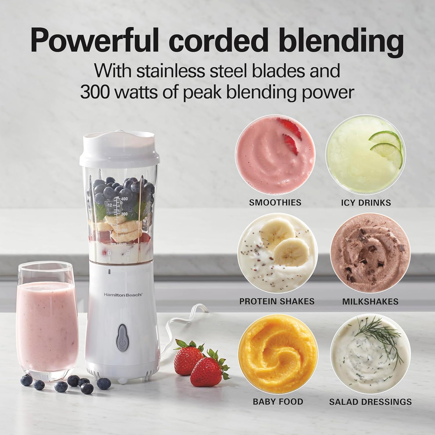 Hamilton Beach Portable Blender for Shakes and Smoothies, 14 Oz BPA Free Travel Cup & Lid, Durable Stainless Steel Blades, Personal Smoothie Blender, 2 Jars - White (51102V)