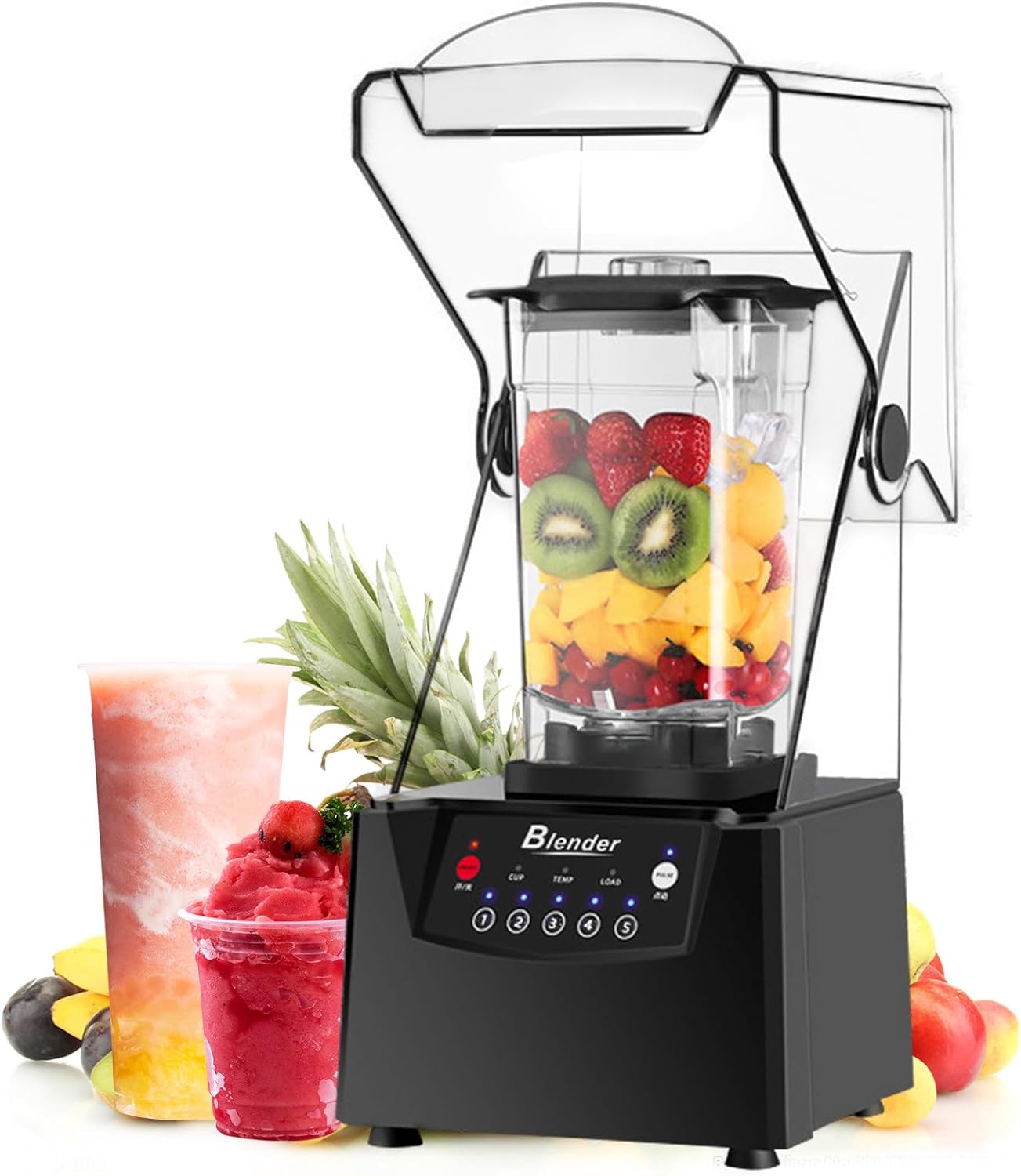 Commercial Quiet Blender,2000ml Big Pitcher Fruit Juice Smoothie Maker With Soundproof Shield,6-Blade Diamond Turbine Cutter & Self-Cleaning Ice Crusher For Smoothies In Restaurants & Home Kitchens
