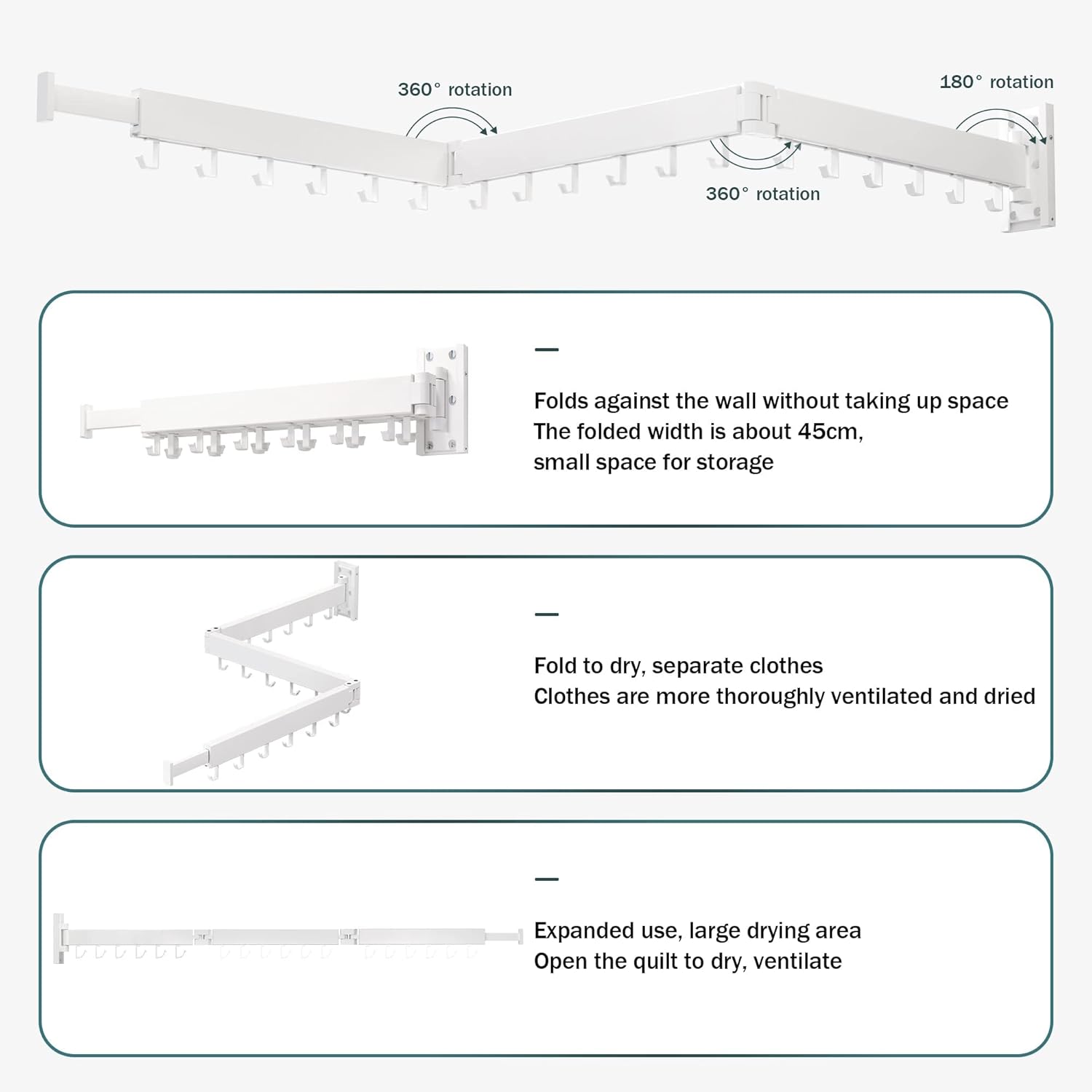 Wall Mounted Clothes Drying Rack, Collapsible, Folding, Retractable - Clothes Hanging Rack (Hooks, White)