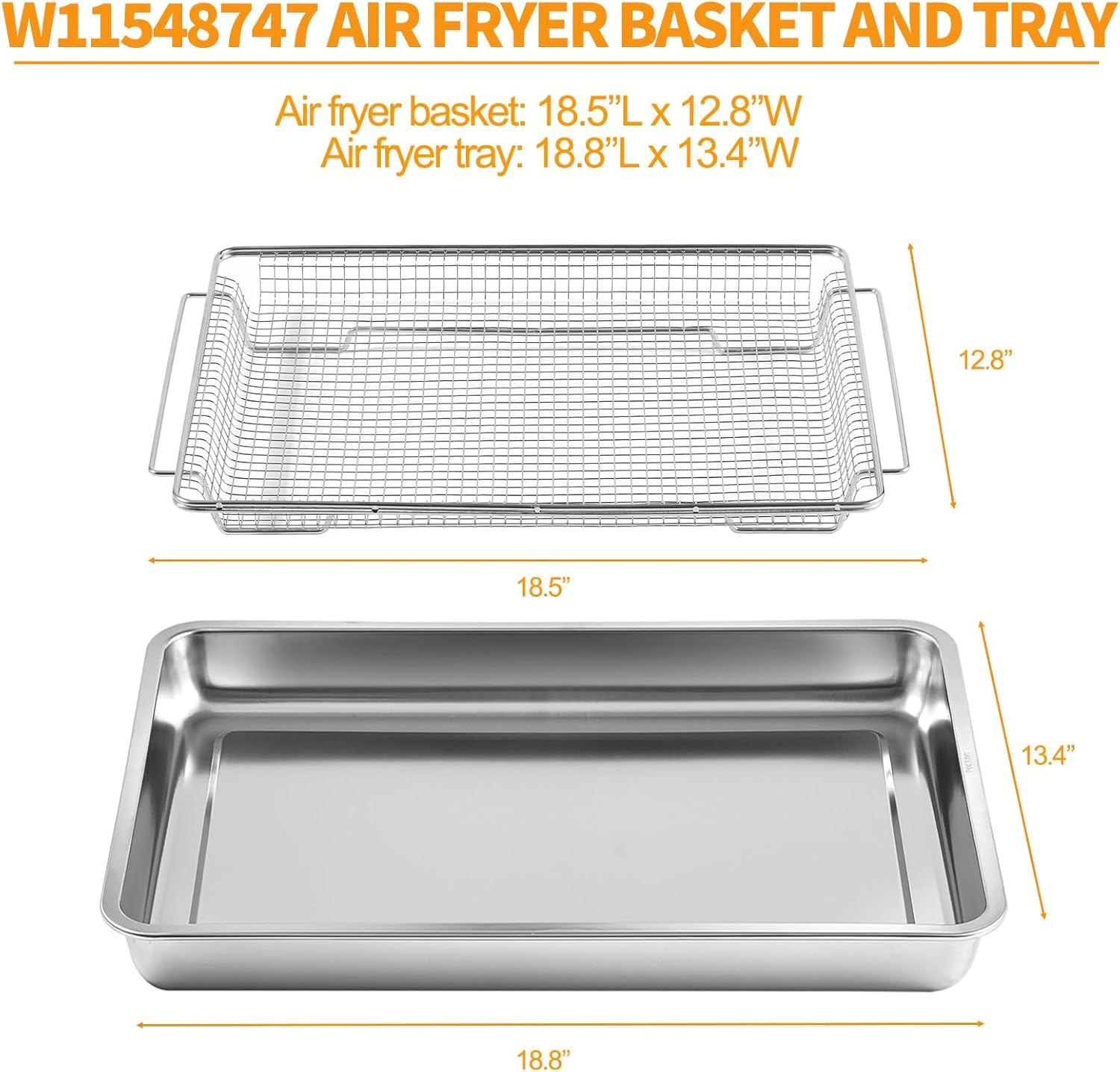 Atgestore W11548747 Air Fryer Basket Replacement for Whirlpool Kitchenaid Oven Parts 18.5’’x12.8’’ Mesh Basket 304 Stainless Steel Air Fryer Tray Range Stove Toaster Oven Rack Grill Pan Crumb Tray