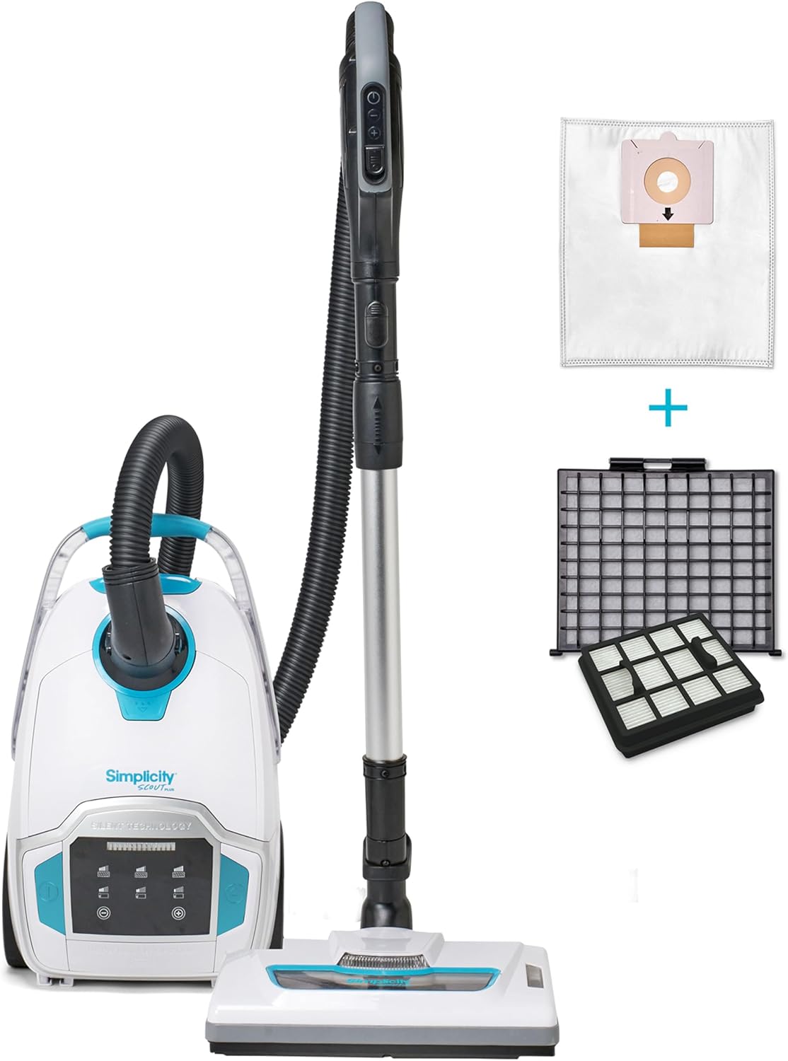 Simplicity Vacuums Scout Plus Vacuum Cleaner Bundle with Filter and Bags, Bagged Vacuum Cleaner with Digital Suction Control and Turbo Nozzle, Replacement Vacuum Filter Set and Bags
