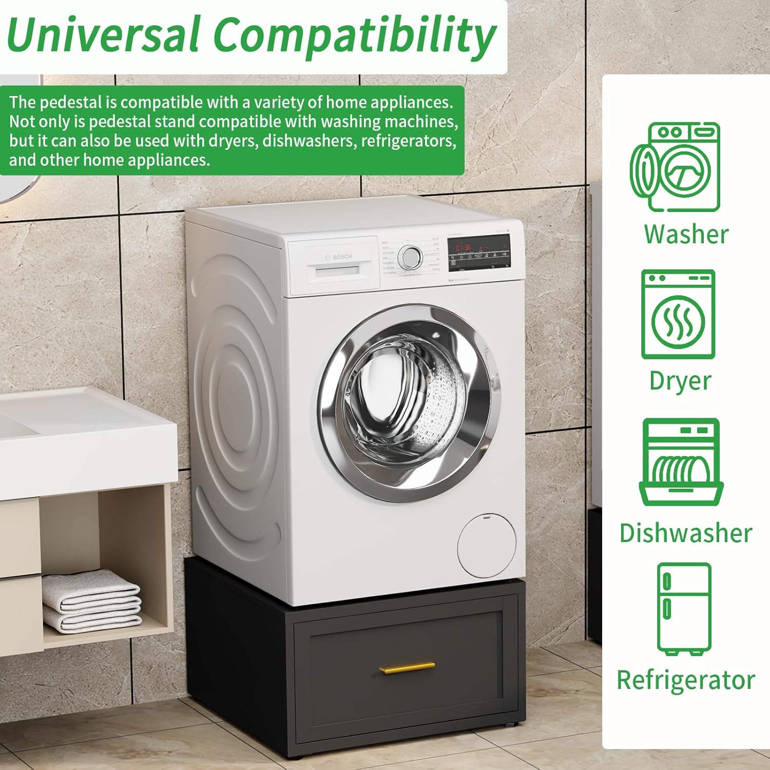 Washer Dryer Pedestals with Drawer, 440LBS Heavy Duty Anti-Vibration Washing Machine Stand, Multi-Functional Metal Freestanding Washer and Dryer Pedestals, Universal Laundry Pedestal (BLACK)