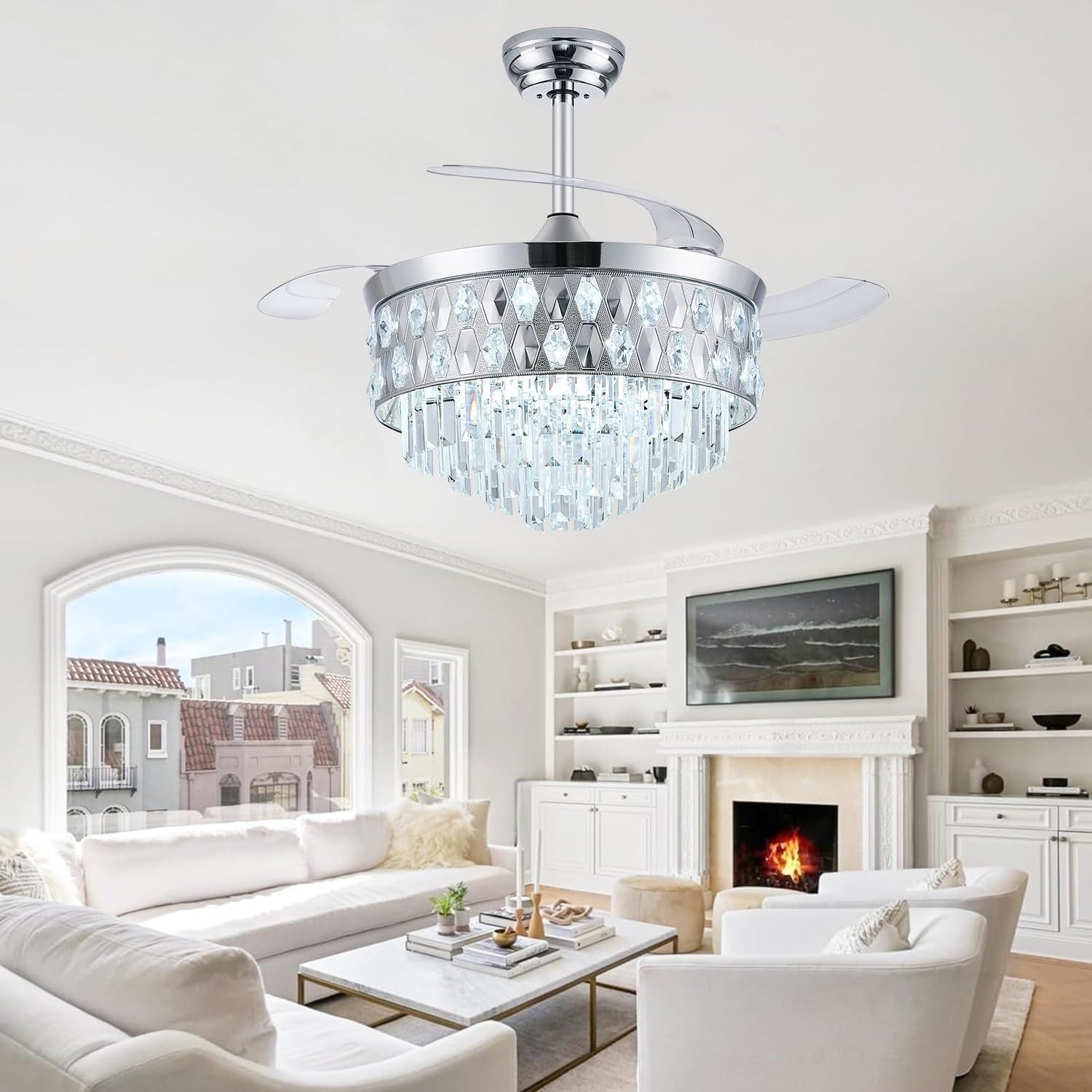 42 Inch Fandelier Ceiling Fan with Light, Chandelier Fan for Bedroom Living Room, Retractable Ceiling Fan with Lights, 6 Wind Speeds, LED Dimmable, Memory and Timing Function-Chrome