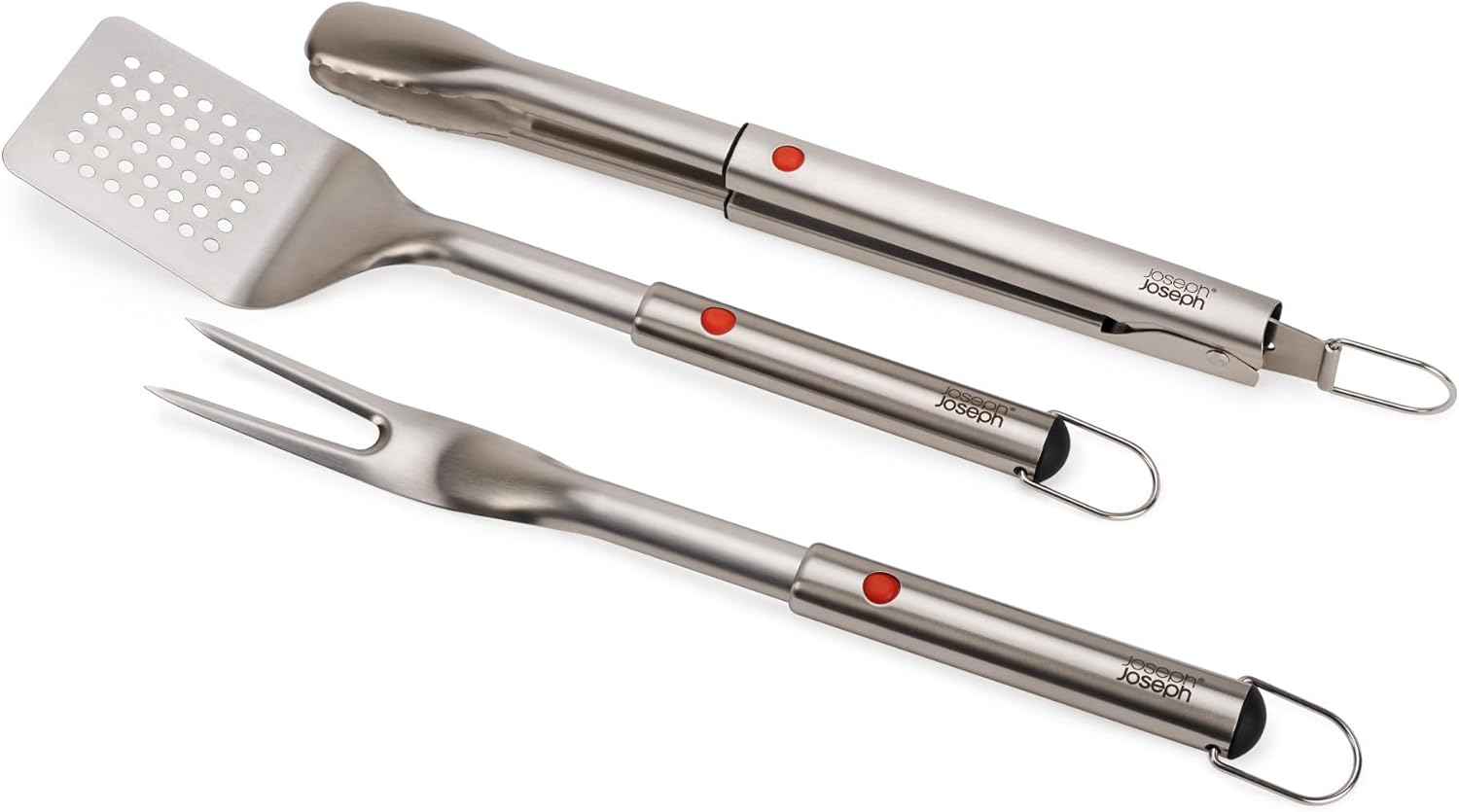 Joseph Joseph GrillOut 3-piece Stainless Steel BBQ Utensil Set, Turner, Tongs & Fork, Retractable for compact storage, Easy-clean