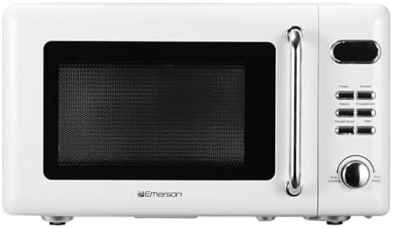 Emerson MWR7020W Compact Countertop Microwave Oven with Button Control, LED Display, 700W 5 Power Levels, 8 Auto Menus, Glass Turntable and Child Safe Lock, 0.7, Retro White