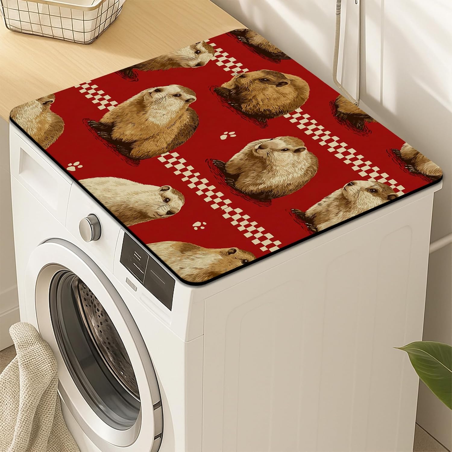 Guinea Pig Washer Dryer Top Protector Mat, Vintage Animal Pattern Laundry Machine Dust Covers, Rustic Rubber Anti-slip Waterproof Washer And Dryer Mats for Home 24x24 Inch