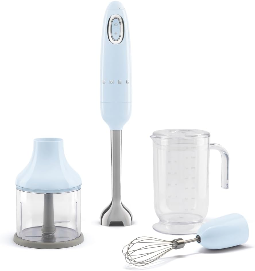 SMEG Handheld Immersion Blender with Beaker, Chopping Bowl w/Lid, Wire Whisk, 5 Speed Controls, made with Stainless Steel Blades and Ergonomic Design (Pastel Blue)