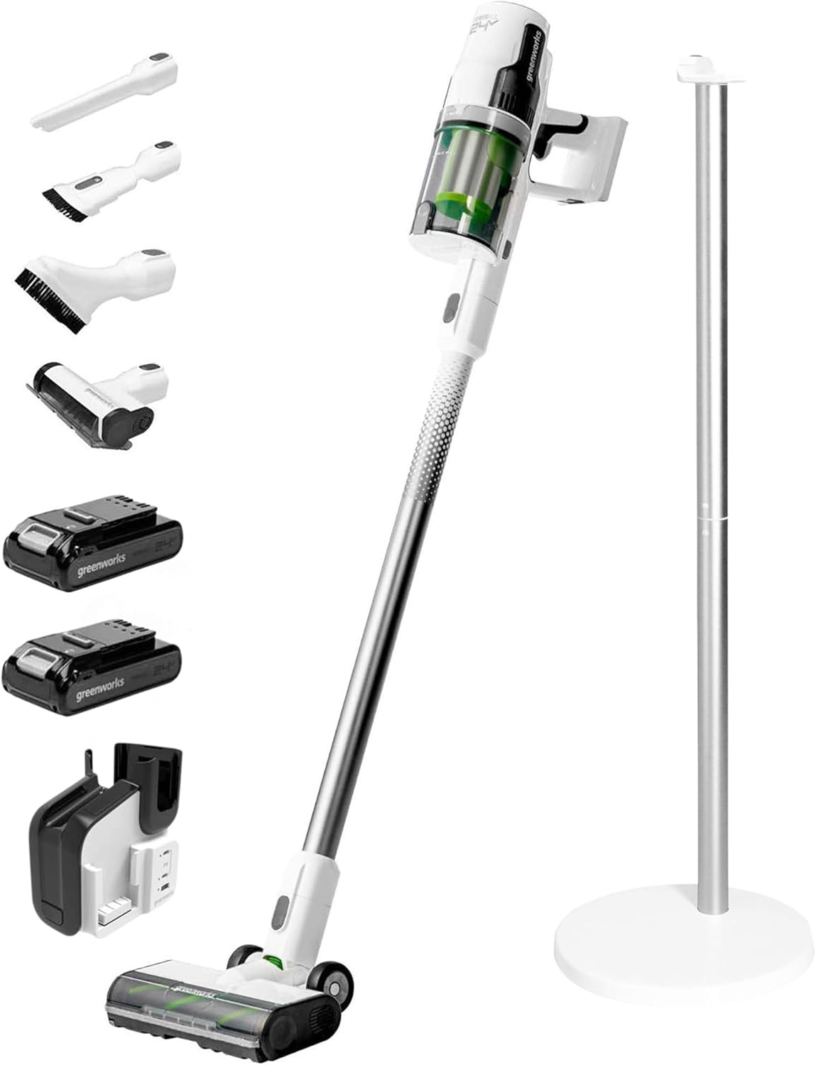 24V Cordless Battery White Deluxe Stick Vacuum w/ (2)4.0 Ah USB-C Battery & 30-Minute Super Charger