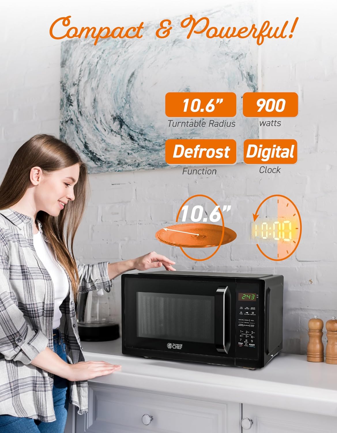 COMMERCIAL CHEF 0.9 Cubic Foot Microwave with 10 Power Levels, Small Microwave with Grip Handle, 900W Countertop Microwave with Digital Display, Door Lock and Kitchen Timer, Black
