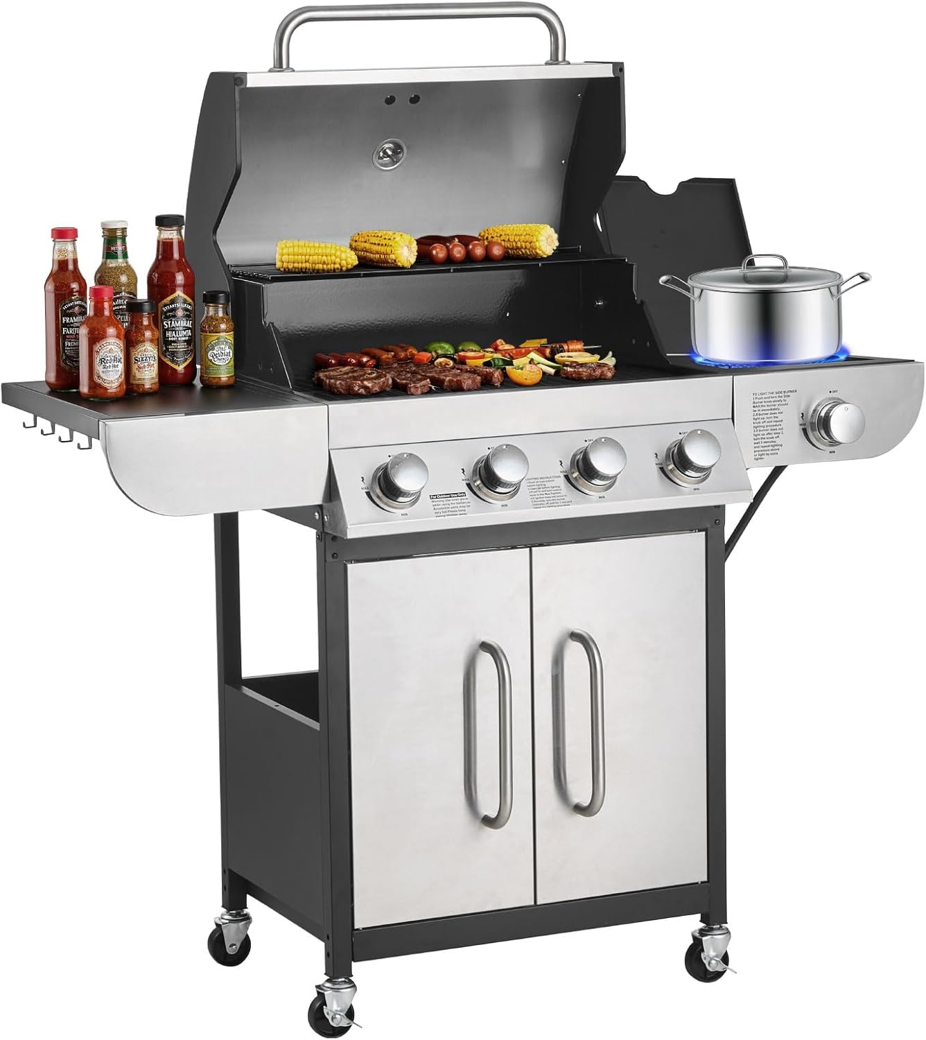 VEVOR Gas Grill, 4 Burner Propane Gas Grill with Side Burner, 425 SQ.In Grilling Area, Carbon Steel Enamel Grates, Outdoor 52,000 BTU Patio Garden BBQ Grills with Two Side Shelves, Stainless Steel