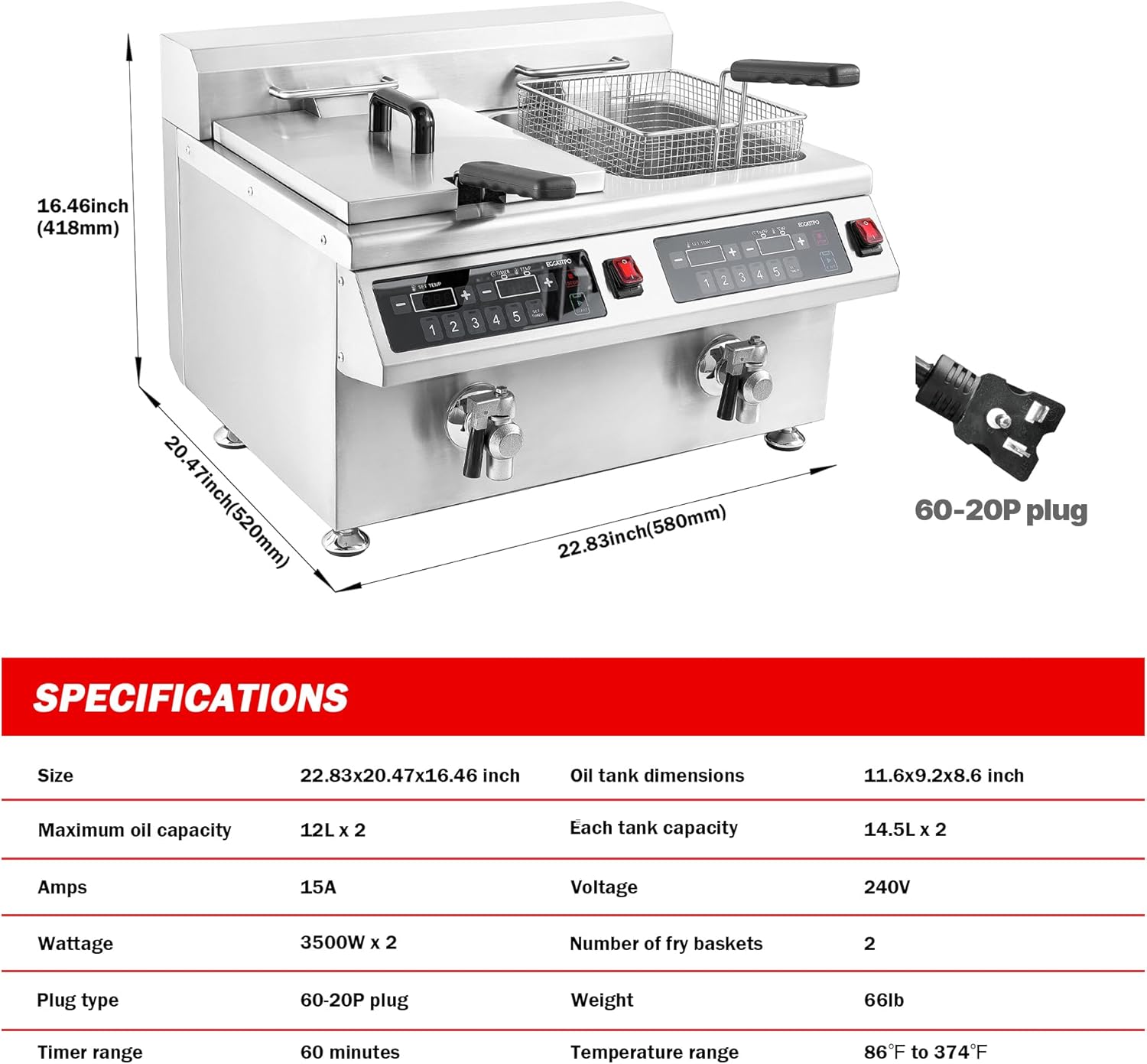 EGGKITPO 240V 7000W Commercial Induction Fryer 12L×2(25.4 QT) Electric Deep Fryer with Solid Baskets, 60 Minutes Timer Oil Drain Stainless Steel Bulid for Large Restaurant or Business Use