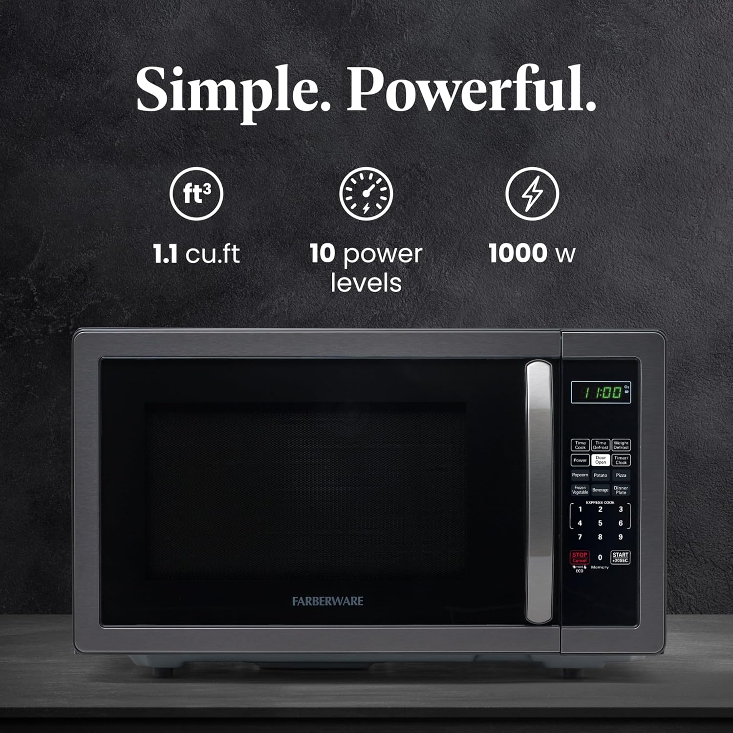 Farberware 1.1 Cu. Ft. Countertop Microwave Oven – 1000 Watts Power, Auto Cook Settings, Defrost, Easy Clean and Child Safety Lock - Stainless and Black