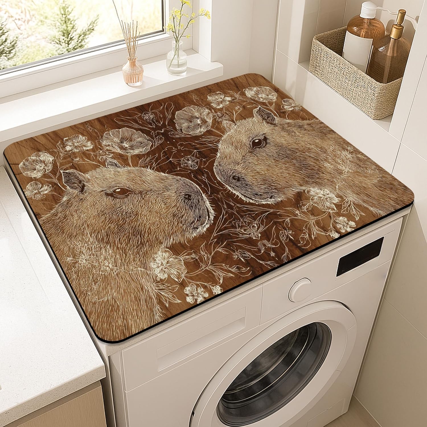 Floral Capybara Washer Dryer Top Protector Mat, Vintage Botanical Capybara Laundry Machine Covers, Summer Floral Rubber Anti-slip Waterproof Washer And Dryer Mats for Laundry Room 20x24 Inch