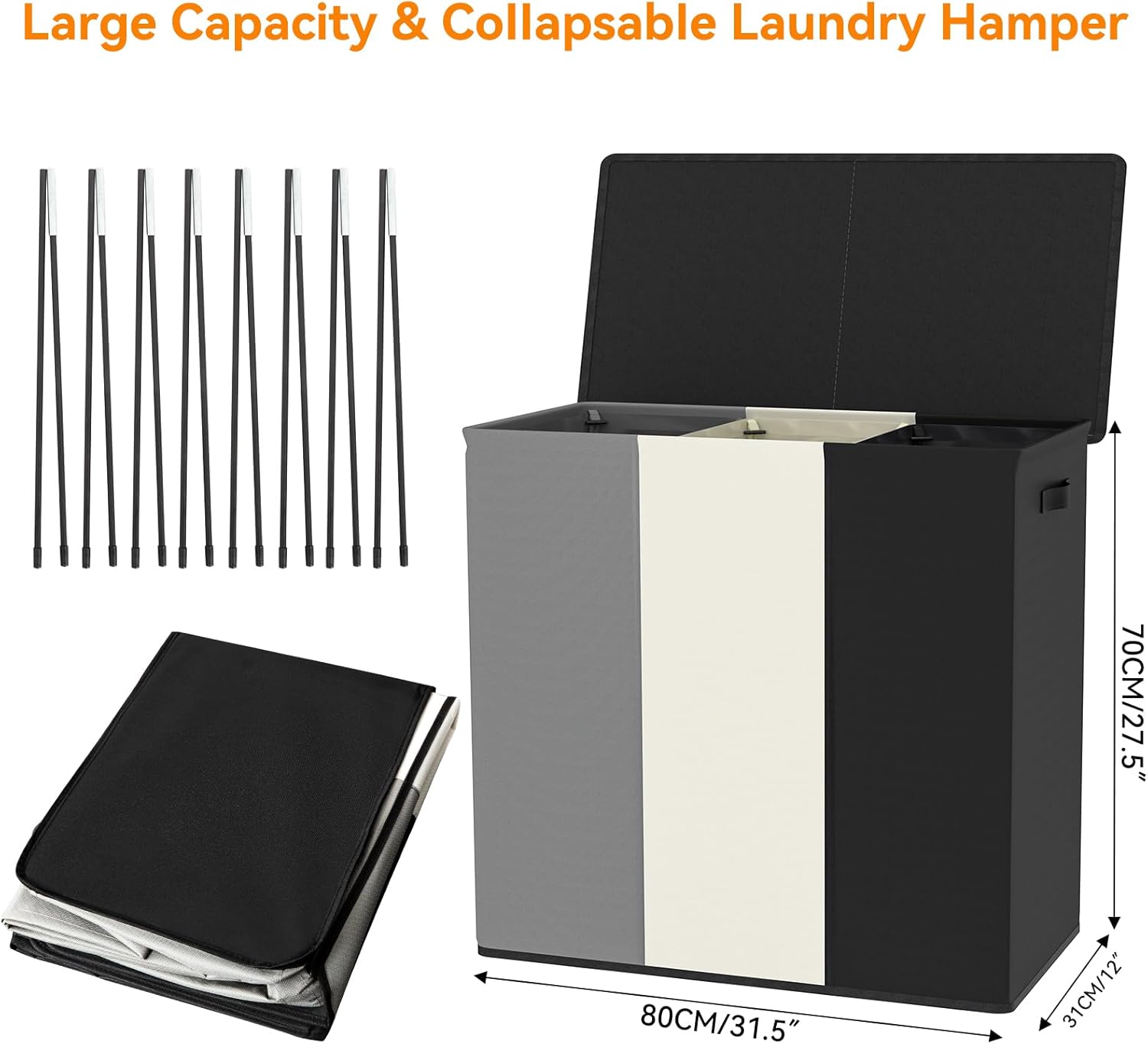 WOWLIVE 180L Laundry Hamper with Lid 3 Section,Large Laundry Basket with Removable Bags and Handles,Collapsible Dirty Clothes Hampers for Laundry,Laundry Basket Organizer for Laundry Room,Dorm