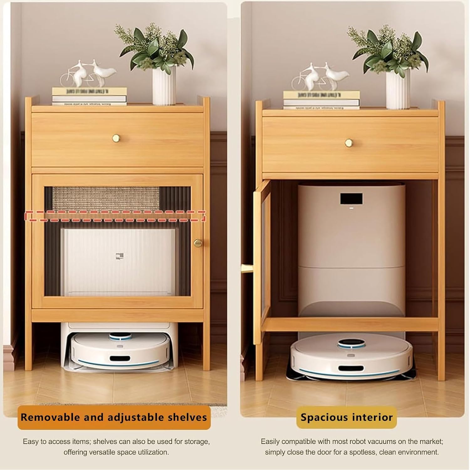 Robot Vacuum Storage Cabinet,Robot Vacuum Stand Cabinet with Adjustable Shelf,Hidden End Side Table for Living Room,Ideal Space Saver for Living Room and Kitchen Use(Natural)