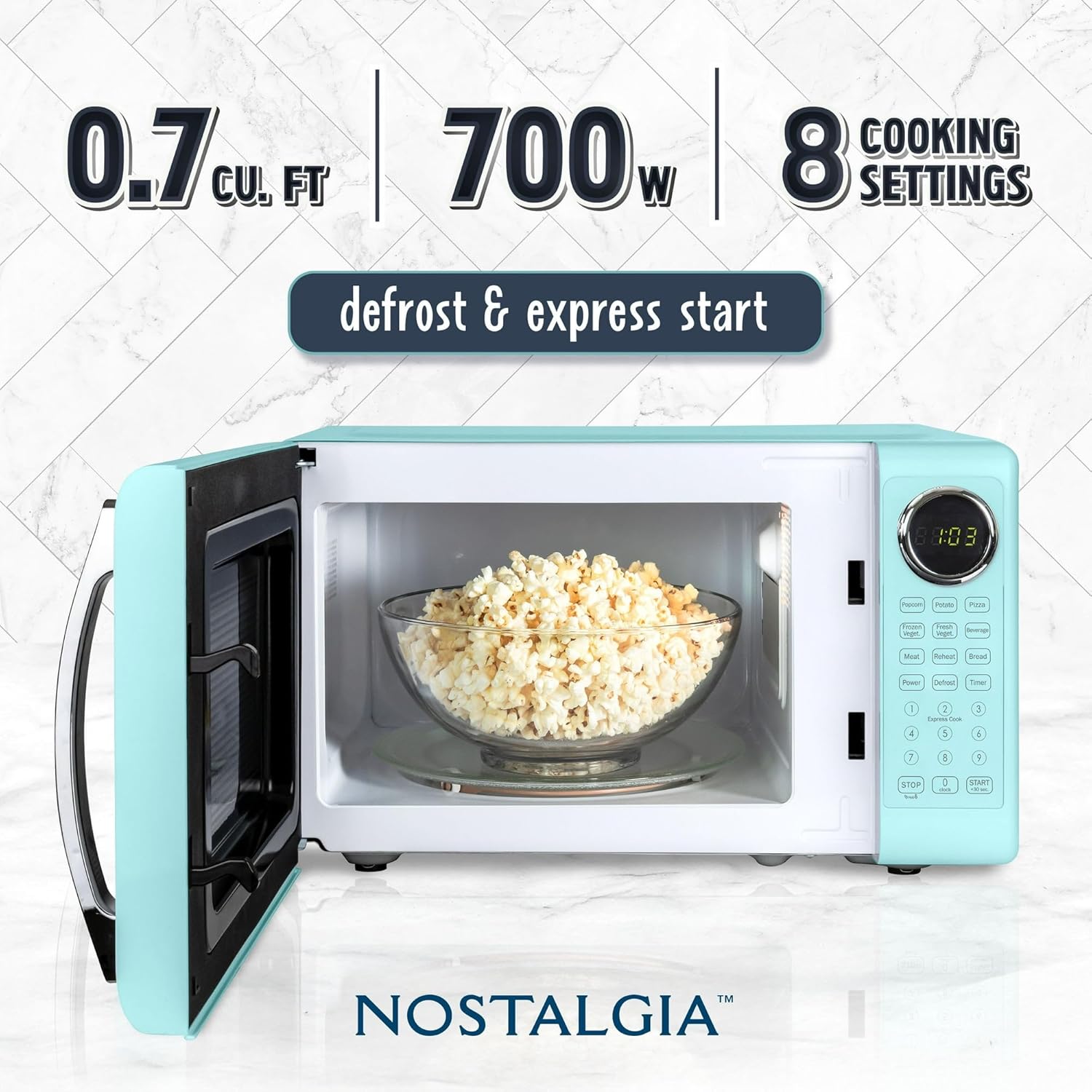 Retro 700W Microwave Oven – 0.7 Cu Ft Capacity – Aqua Color Design for Stylish Kitchens