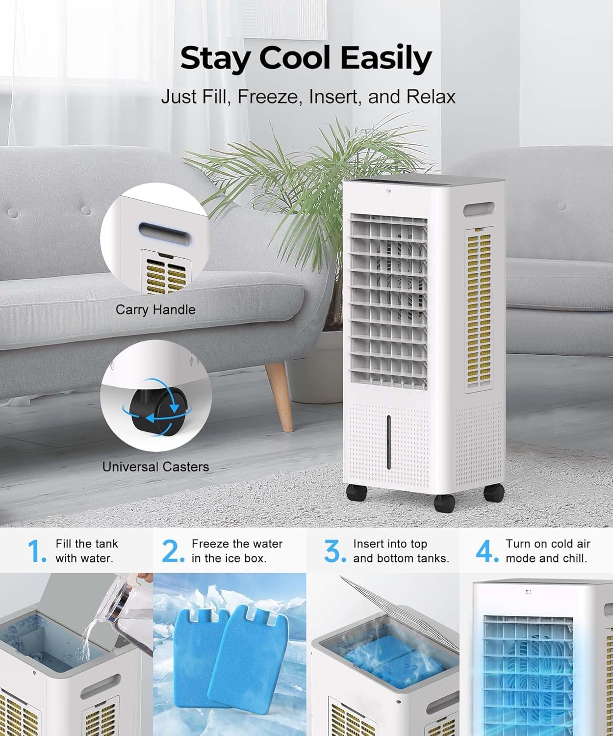 Evaporative Air Cooler with Remote & Timer, 2200+ CFM Portable Fan That Blows Cold Air for Large Room, Home Office, Bedroom - 2.1Gal High-Capacity Tank, 3 Modes, Whisper Quiet 30dB & Sleep Mode