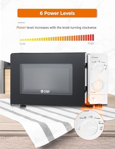 Commercial Chef 0.6 Cu. Ft. Countertop Microwave Oven, Mechanical Dial Controls, 700W, Pull Handle Door, 6 Power Levels, CHM660W, White