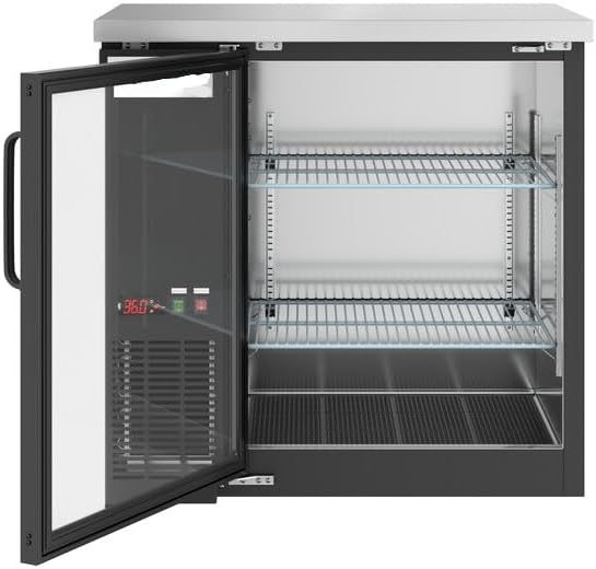 36-Inch Black Glass Door Back Bar Refrigerator, Counter Height Commercial Beverage Cooler with LED Lighting, 7.8 Cu. Ft Storage, Digital Controls, 33-40°F Temperature Range