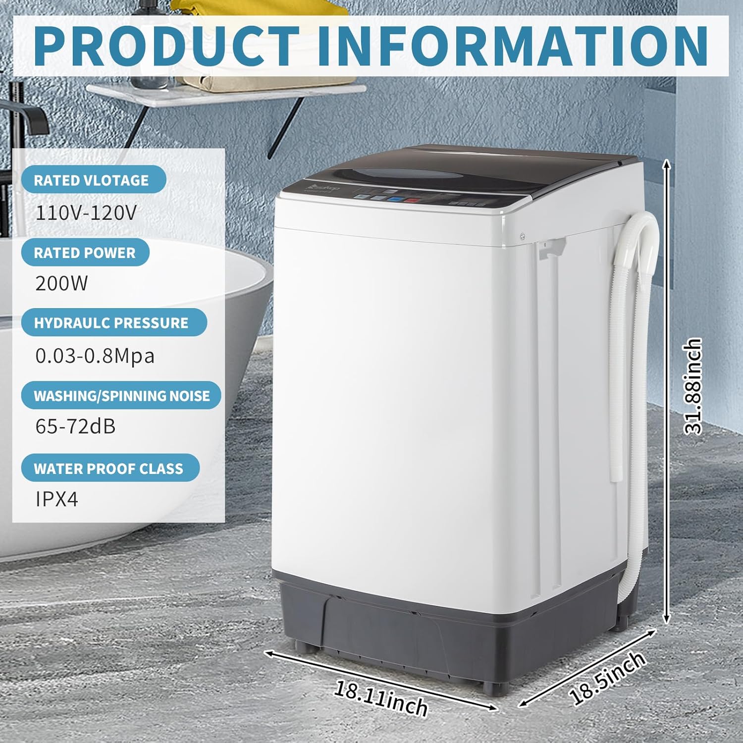 17.8LBS Portable Washing Machine, Full-Automatic Electric Laundry Machine with Stainless Steel Drum, Compact Washer and Spin Dryer Combo with Drain Pump