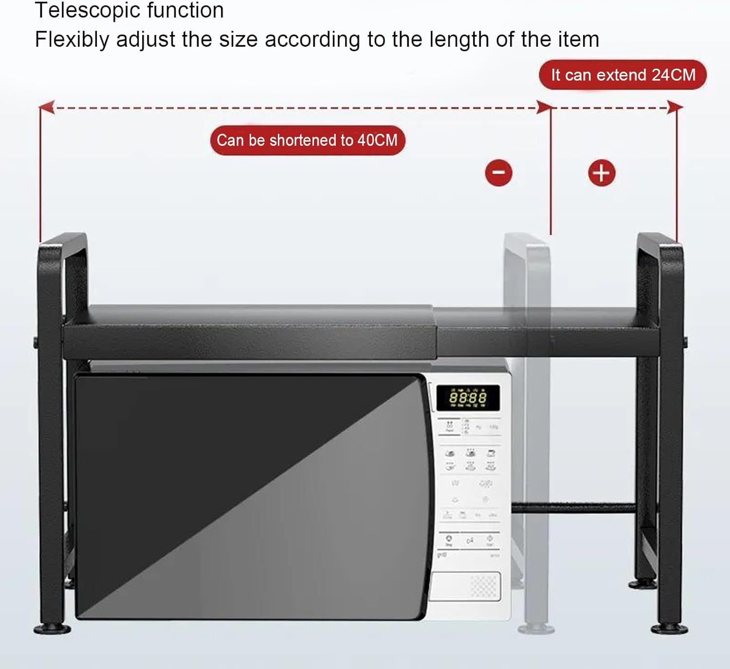 Microwave Oven Rack, Carbon Steel Shelf with 4 Hooks, Heavy Duty 198.4lb Capacity for Jars Utensils Storage