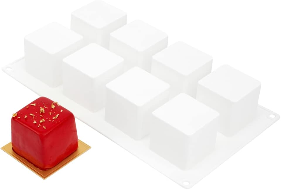 Pastry Tek 8 Cavities Square Cupcake Pans, 10 Oven-Ready Square Molds - Flexible, Freezable, White Silicone Petit Four Molds, Easy Release, For Baking - Restaurantware