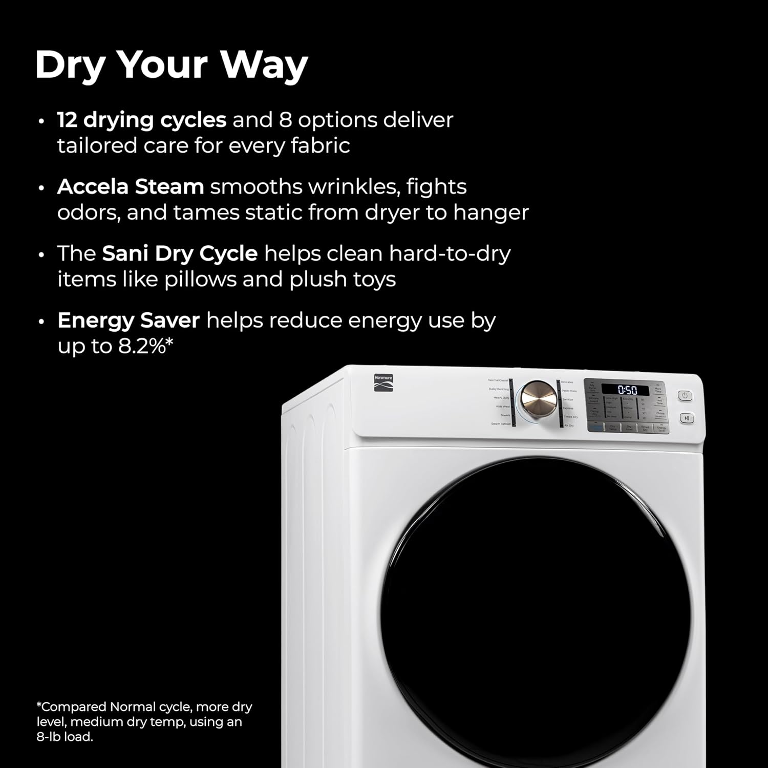 Kenmore 8.0 cu. ft. Front Load Gas Dryer - Wrinkle Guard with Accela Steam to Reduce Static and Odors - Smart Sensor Drying - LED - White