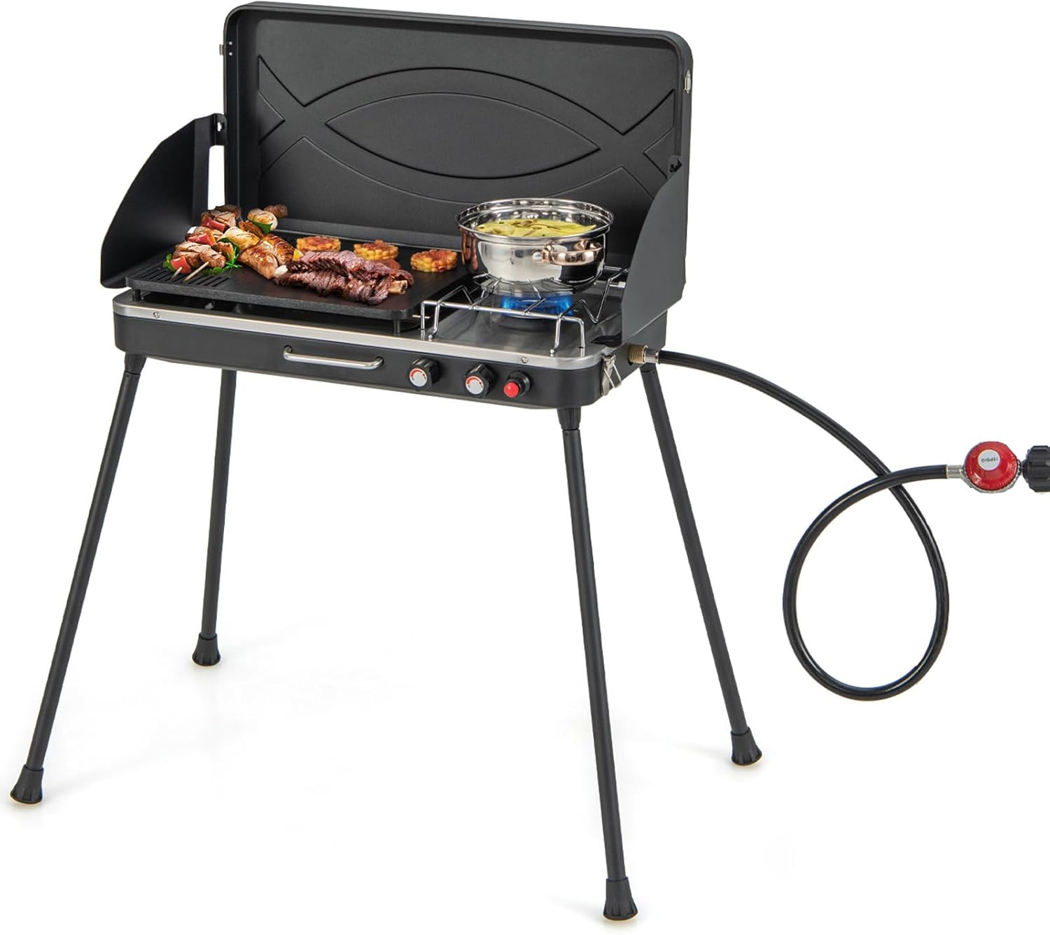 Giantex 2-in-1 Gas Camping Grill and Stove, Portable Propane Grill Burner with Dual Control Knobs, Detachable Legs, 3-Sided Wind Screen, Gas Hose with Regulator, 20,000 Total BTUs (Black)