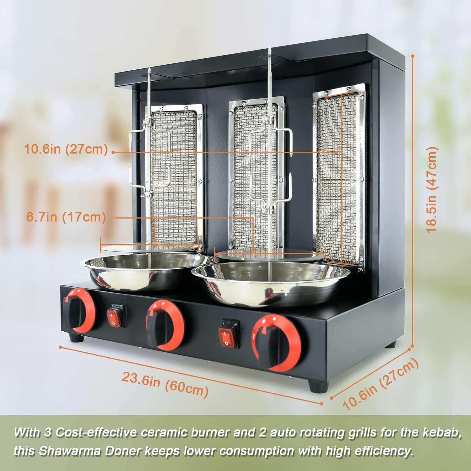 Shawarma Machine Commercial Shawarma Rotisserie Vertical Kebab Broiler Gyro Grill Rotating Kebab with 3 Burner Propane,Black
