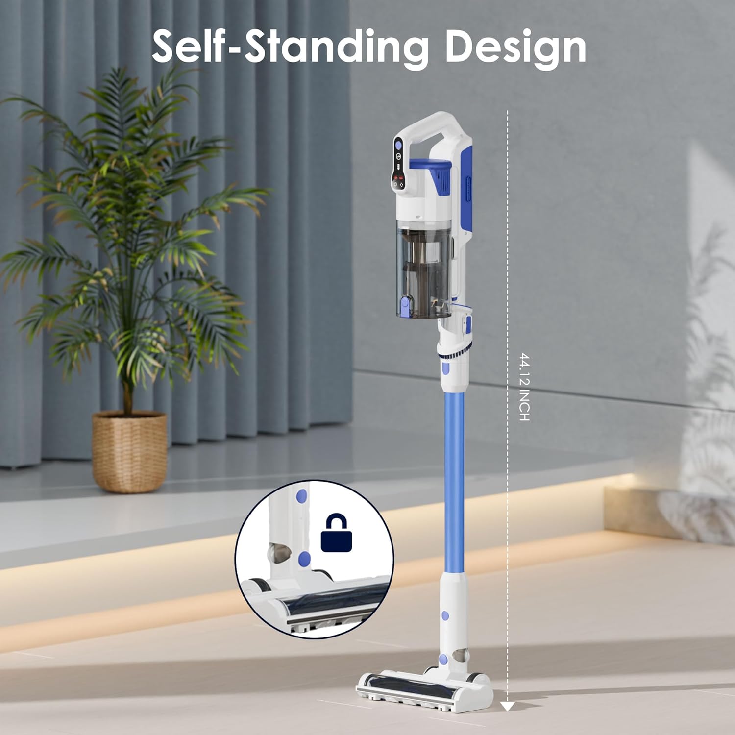 Cordless Vacuum Cleaner with Self-Standing, 45KPA Stick Vacuum, 88,000RPM Brushless Motor & LED Display, Anti-Tangle, Lightweight Vacuum Cleaners for Home, Pet Hair, Hardwood Floors, Blue