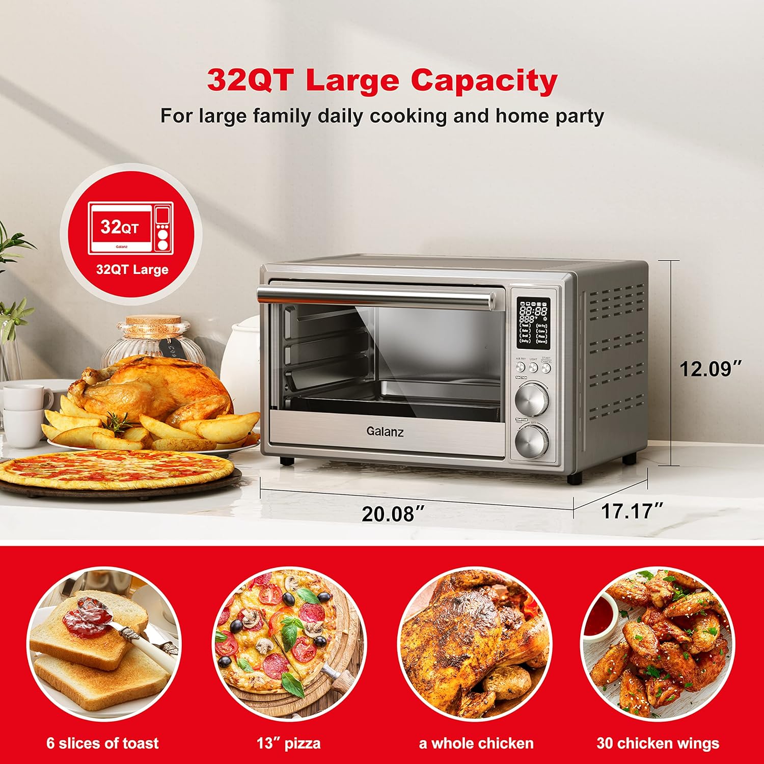 Galanz GT12SSDAN18 Digital Fry & Rotisserie Combo 8-in-1 Air Fryer Toaster, Convection Oven with Pizza & Dehydrate, 4 Accessories Included, 1800W, 26 Quart Large, Stainless Steel, 30L, 2 knobs
