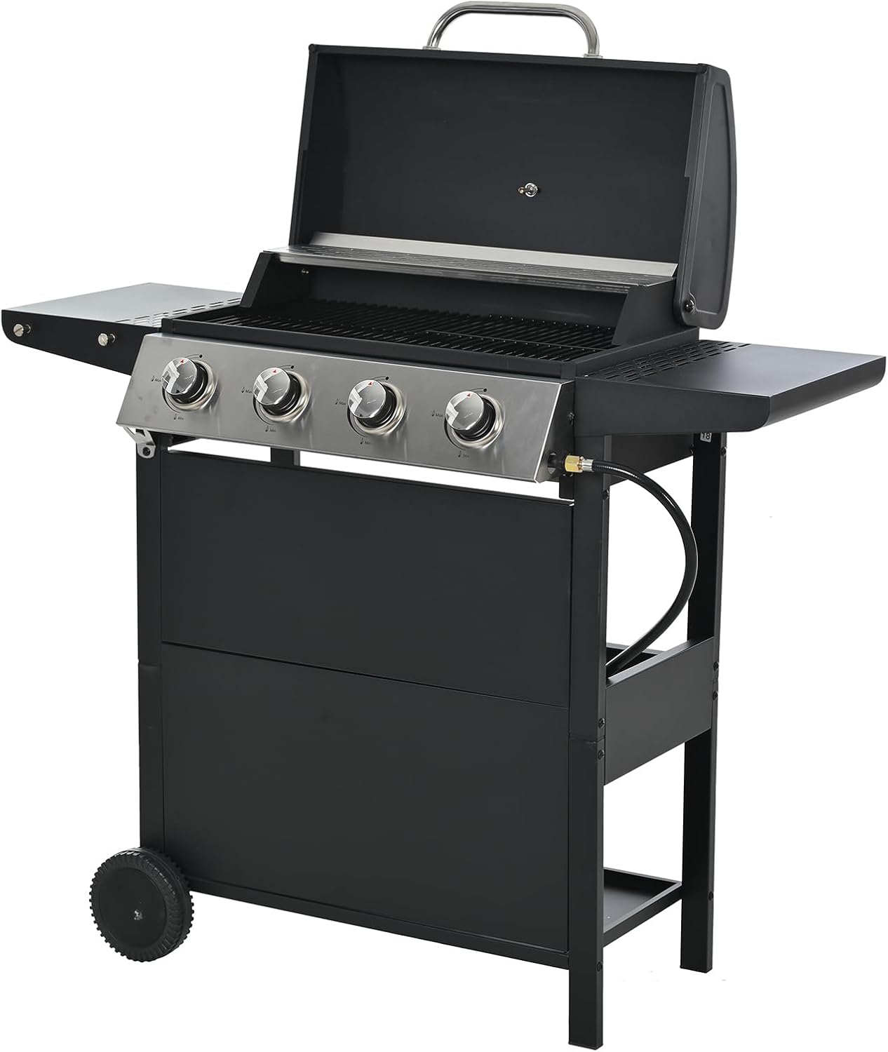 Larger 4-Burner Propane Gas Grills, BBQ Grill with Side Burner & 2 Foldable Shelves, Freestanding Grill Cart Outdoor BBQ 4 Burner Propane Gas Grill with Wheels for Outdoor Garden Cooking Barbecue