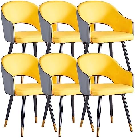 WKWKW Kitchen Dining Chairs Arm Chairs Set of 6 Wear Resistant Leather Kitchen Chairs Carbon Steel Legs Office Lounge Chair(Yellow+Grey)