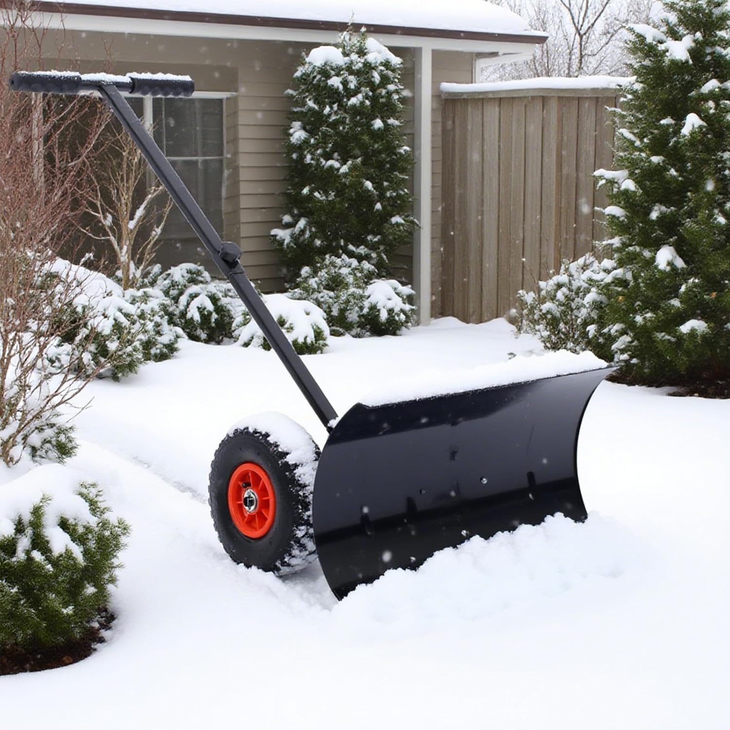 Snow Shovel with Wheels, Metal Snow Pusher, Snow Plow, Snow Clean Tool, Cushioned Adjustable Angle Handle Snow Pusher, 29