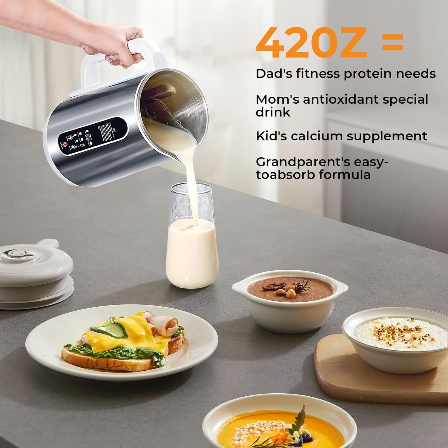 8 in 1 Nut Milk Maker, 42oz Soy Milk Maker Machine for Homemade Almond, Oat, Coconut, Plant-Based Milks, Stainless Automatic Blender with Delay Start/Keep Warm/Boil Water, Silver