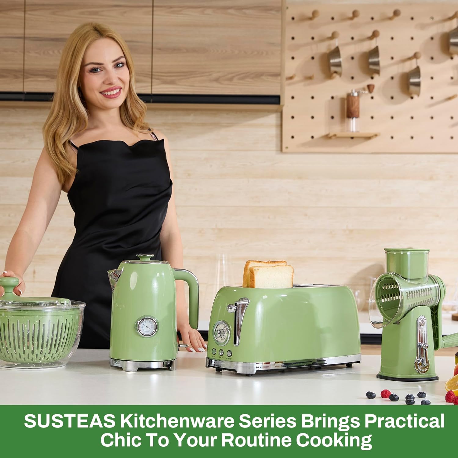 SUSTEAS Toaster 4 Slice Wide Slot, Stainless Steel Bread Bagel Toasters, Retro Long Slot Tostadora for Defrost, Reheat, Removable Crumb Tray, 1500W, 6 Browning Settings, Green