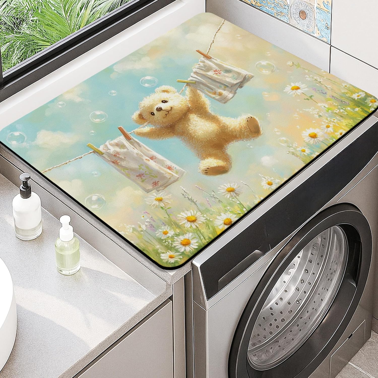 Cute Bear Washer Dryer Top Protector Mat, Fanciful Soft Toy Laundry Machine Dust Covers, Floral Rubber Anti-slip Waterproof Washer And Dryer Mats for Laundry Room 20x24 Inch