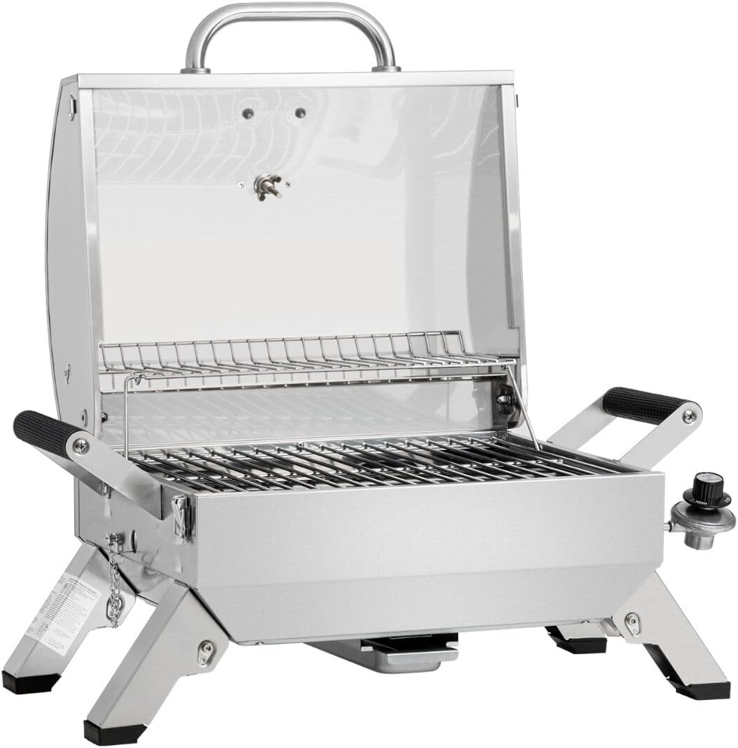 Tabletop Propane Gas Grill with Travel Locks/Folding Leg Silver