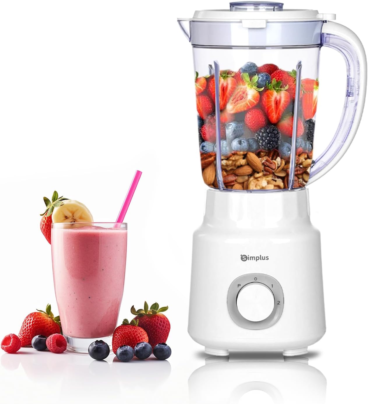 SIMPLUS White Blenders for Kitchen, 51oz Countertop Blender, Stainless Steels Professional Blenders, 3 Adjustable Speed Smoothie Maker for Juices, Puree, Shakes, Fruit Drinks, Sauces, Self-Cleaning