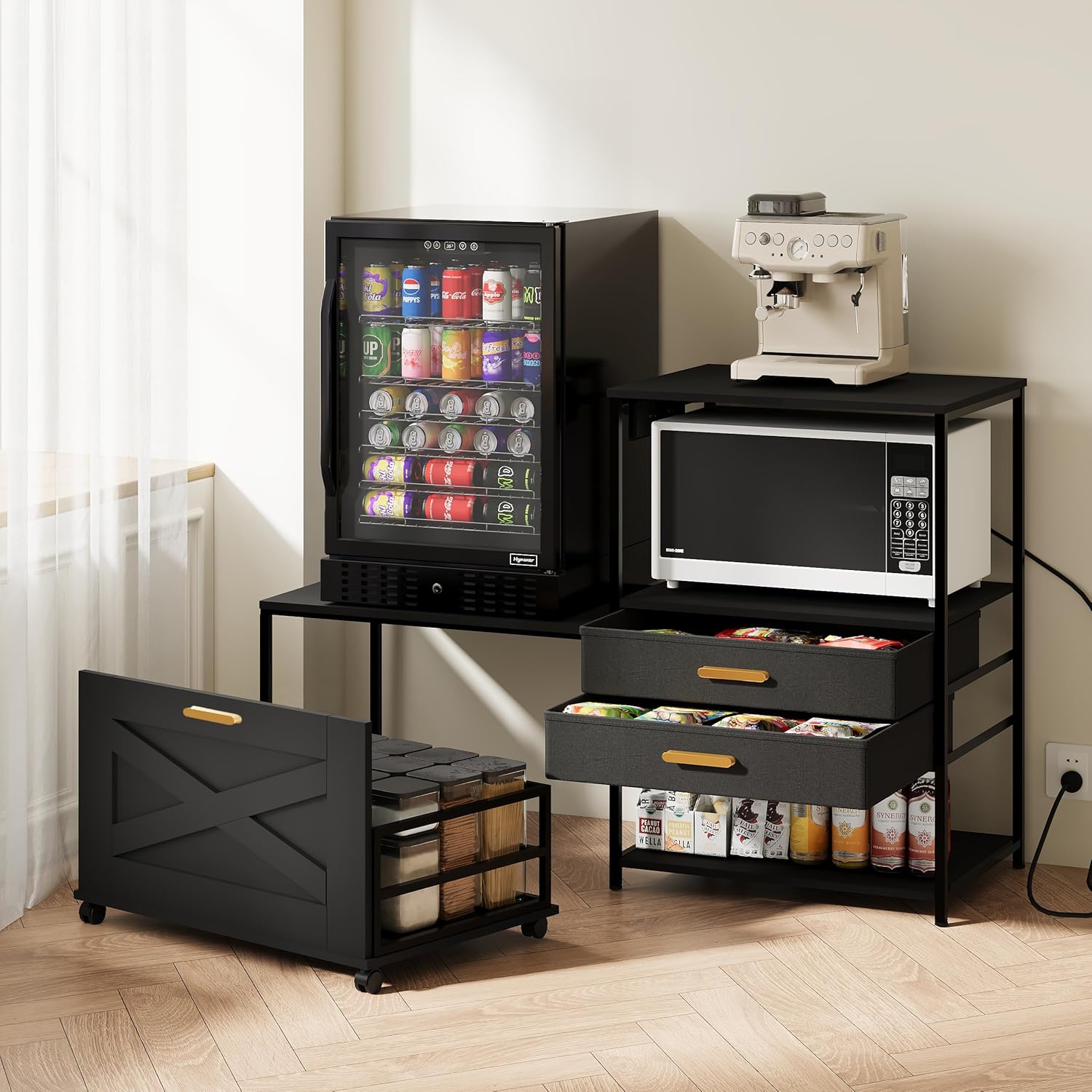 Mini Fridge Stand with Storage, Farmhouse Microwave and Mini Fridge Stand with Power Outlet & Cabinet, Kitchen Bakers Rack with Storage Shelf and Drawers for Home Dorm Office Bar, Black