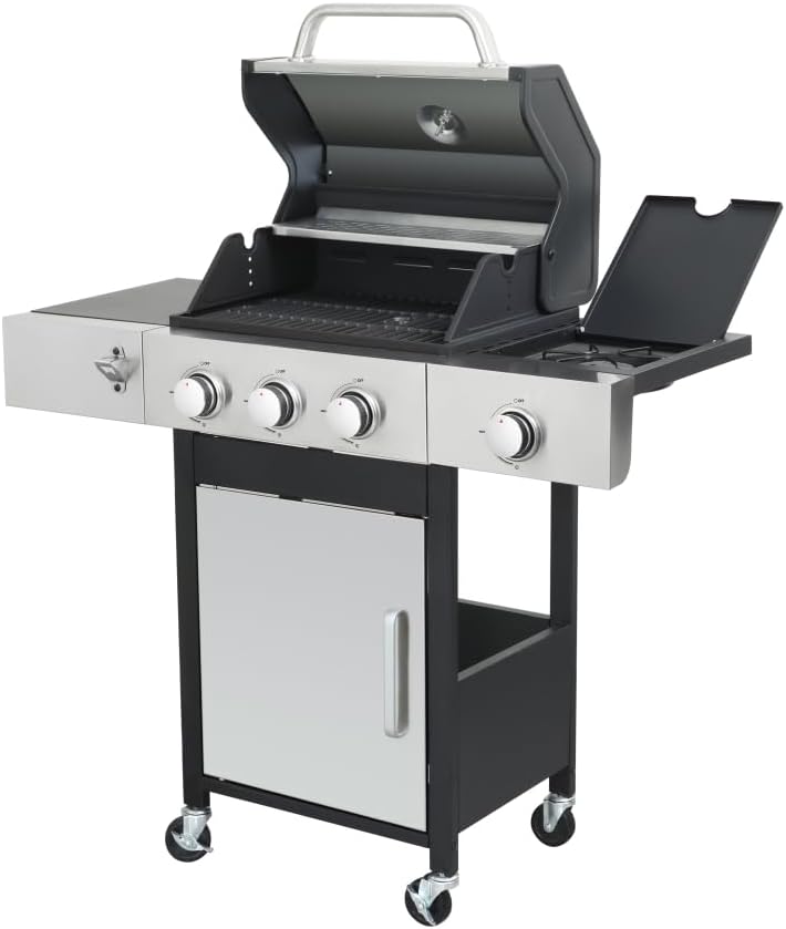 3-Burner Propane Gas BBQ Grill with Side Burner, 37230BTU Output With Enameled Cast Iron Cooking Grids For Outdoor Barbecue, Stainless Steel